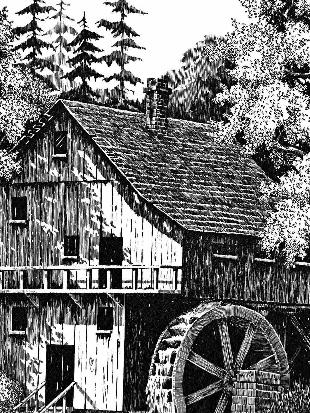 Detail of the mill: board timber walls, a balcony, a shingled roof with a brick chimney and the spoked water wheel, with fir trees behind