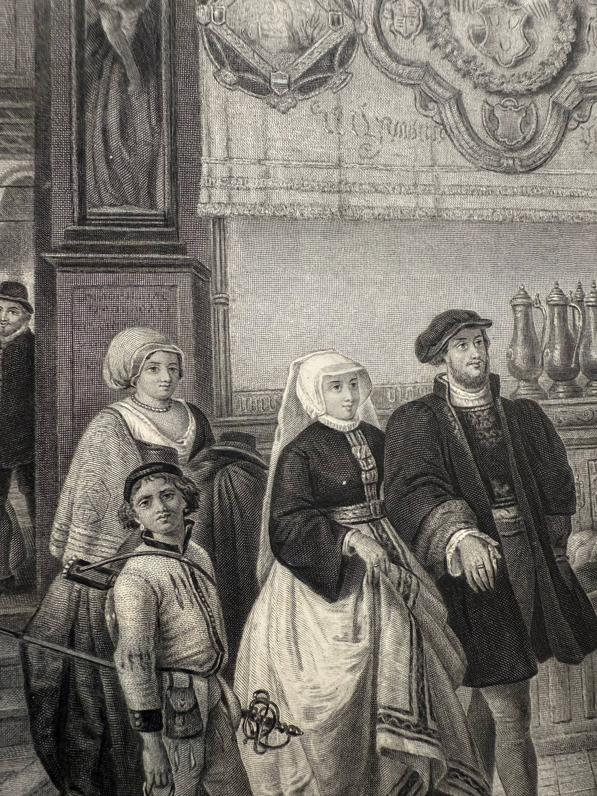 Detail of The Guests engraving after Henri Leys: a page boy with a sword, a maid in a pearl necklace, a woman in a white hood and a bearded man in a flat cap