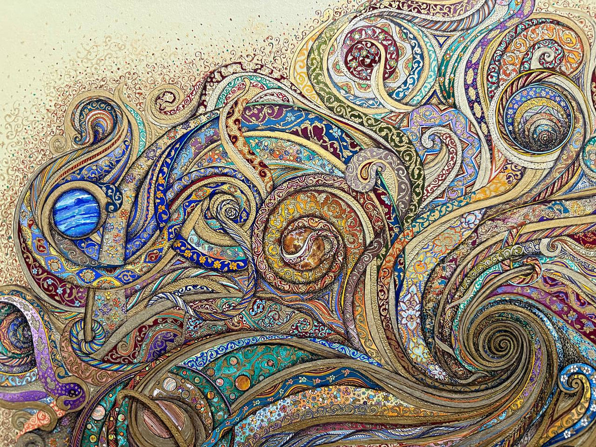 Detail of Celestial Garden by Darya: upper left of the composition, a striped cobalt-blue planet held in a gold crescent, a marbled amber sphere inside a spiral, and the large central gold whorl at lower right
