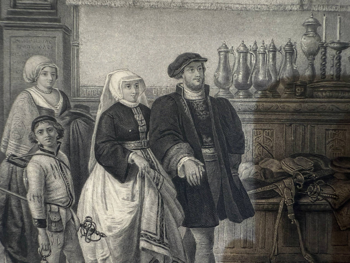 Close view of the central couple in The Guests, showing the engraved line work of the woman's white apron and the man's dark coat, with pewter flagons and candlesticks on the sideboard behind
