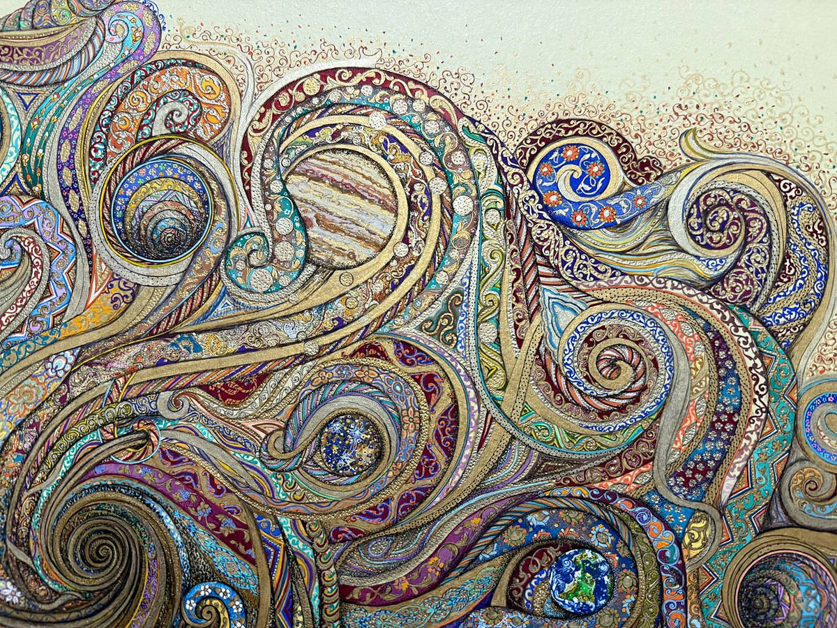 Detail of Celestial Garden by Darya: upper right of the composition, a banded Jupiter-like planet wrapped in gold ribbons, a star-filled dark blue sphere, a small green and blue Earth, and fine gold curls fading into the paper