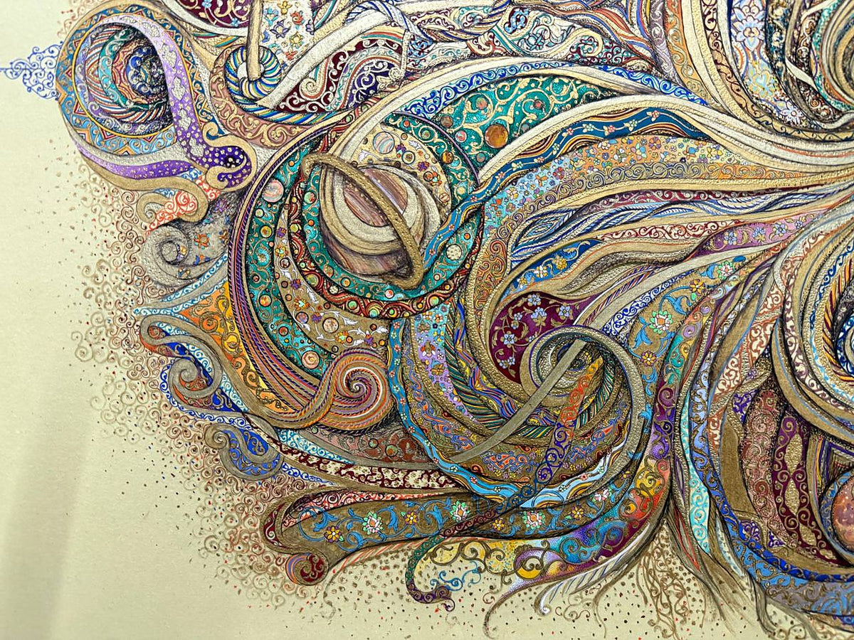 Detail of Celestial Garden by Darya: lower left edge, a ringed Saturn-like planet inside turquoise bands studded with small orbs, with ribbons of floral ornament trailing into scattered gold curls and dots