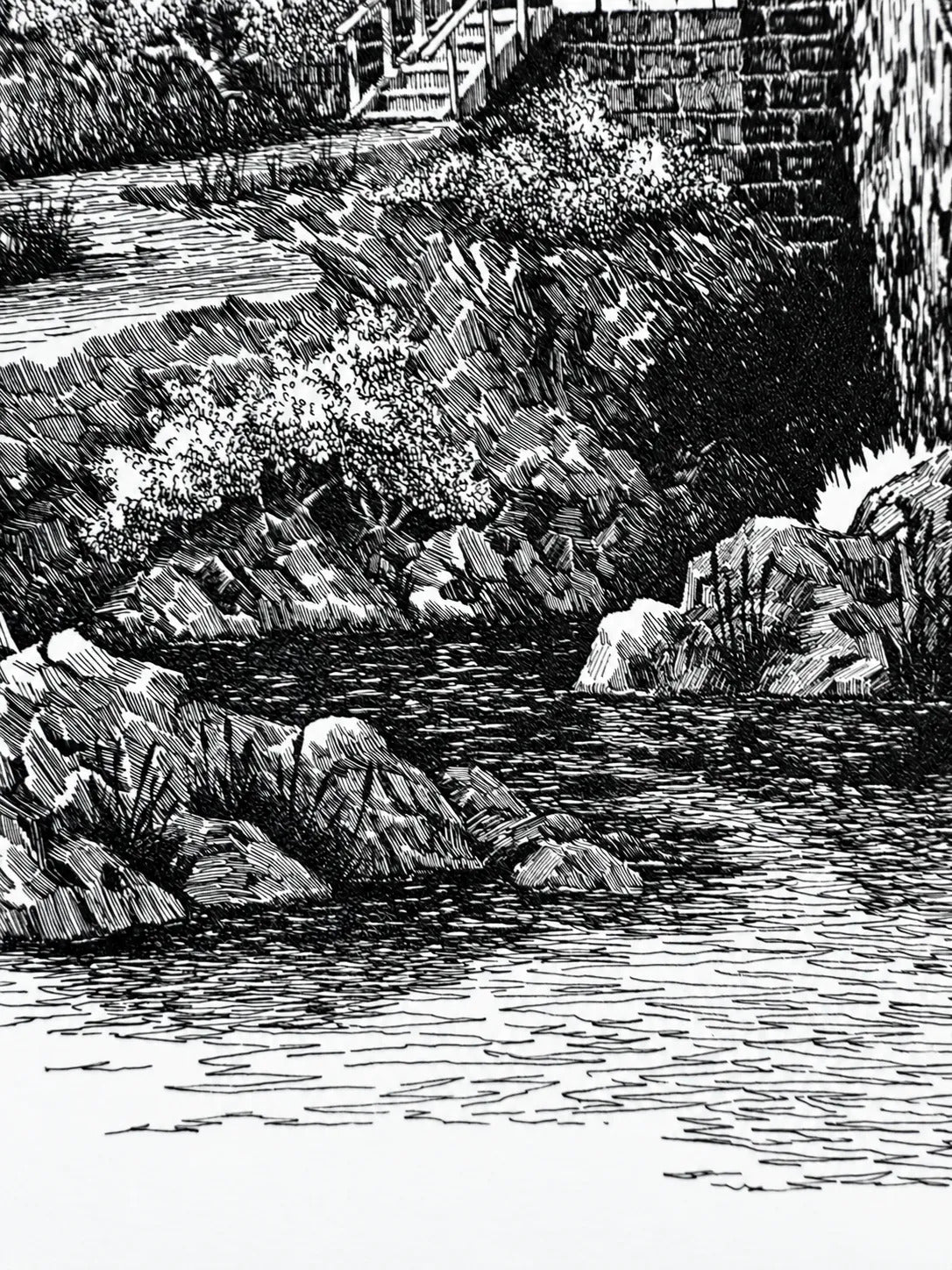 Detail of the stream: hatched rocks and reeds along the bank, wooden steps up to the mill and rippling water drawn in short horizontal lines