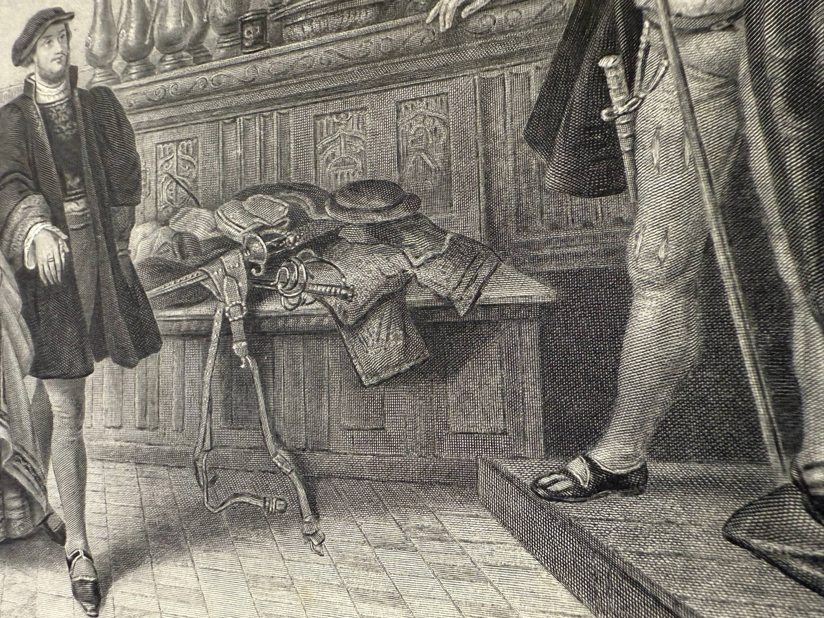 Angled close-up of swords, belts and hats laid on a carved bench in The Guests antique engraving, with the guard's leg and dagger in the foreground