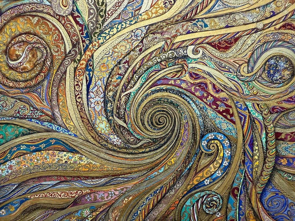 Detail of Celestial Garden by Darya: the central gold spiral, tightly coiled and textured, surrounded by bands of miniature flowers, arabesques and a small blue spiral with white blossoms