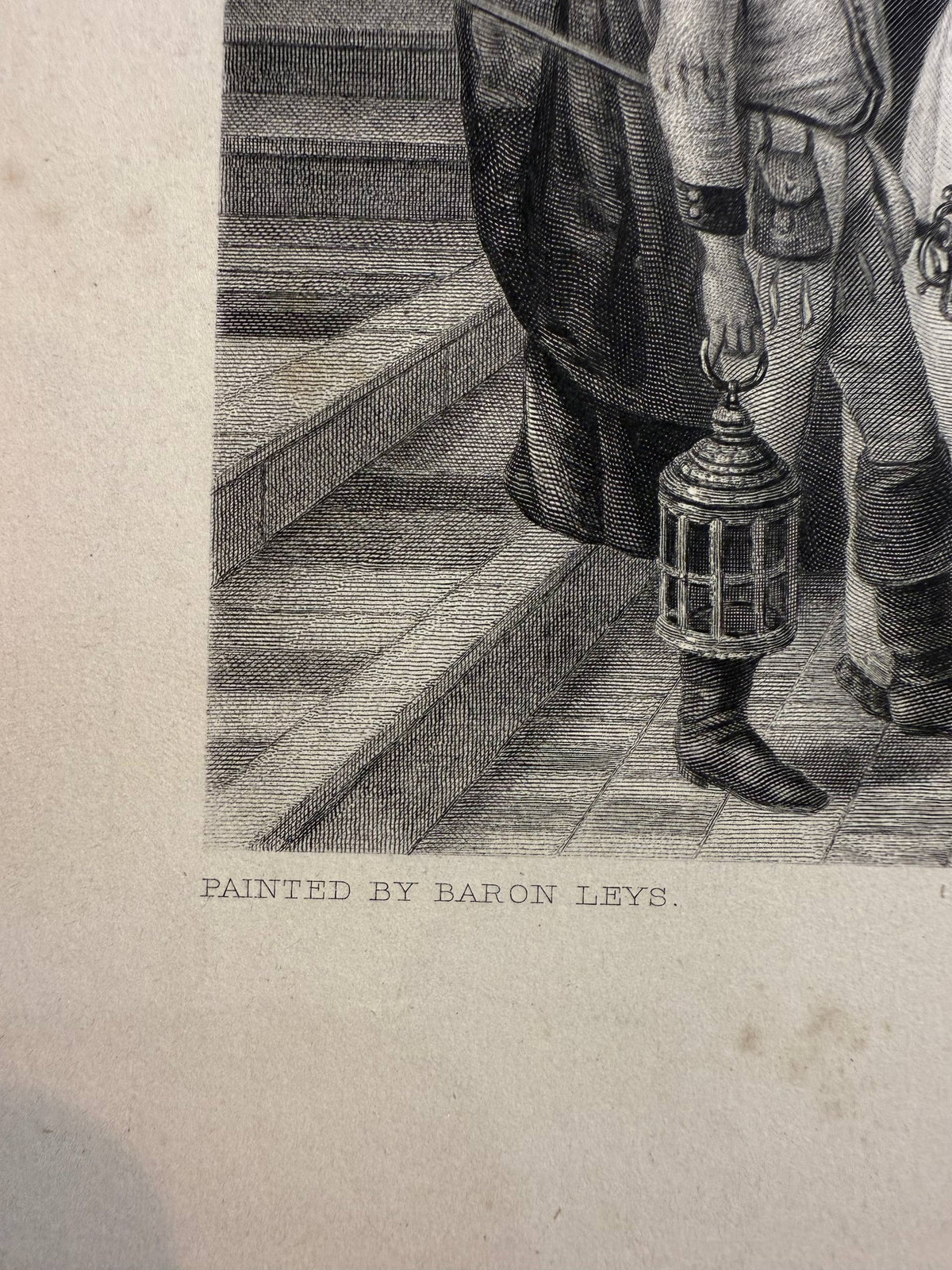 Lower left corner of The Guests print: the page boy's lantern and the printed inscription Painted by Baron Leys, with light foxing on the margin