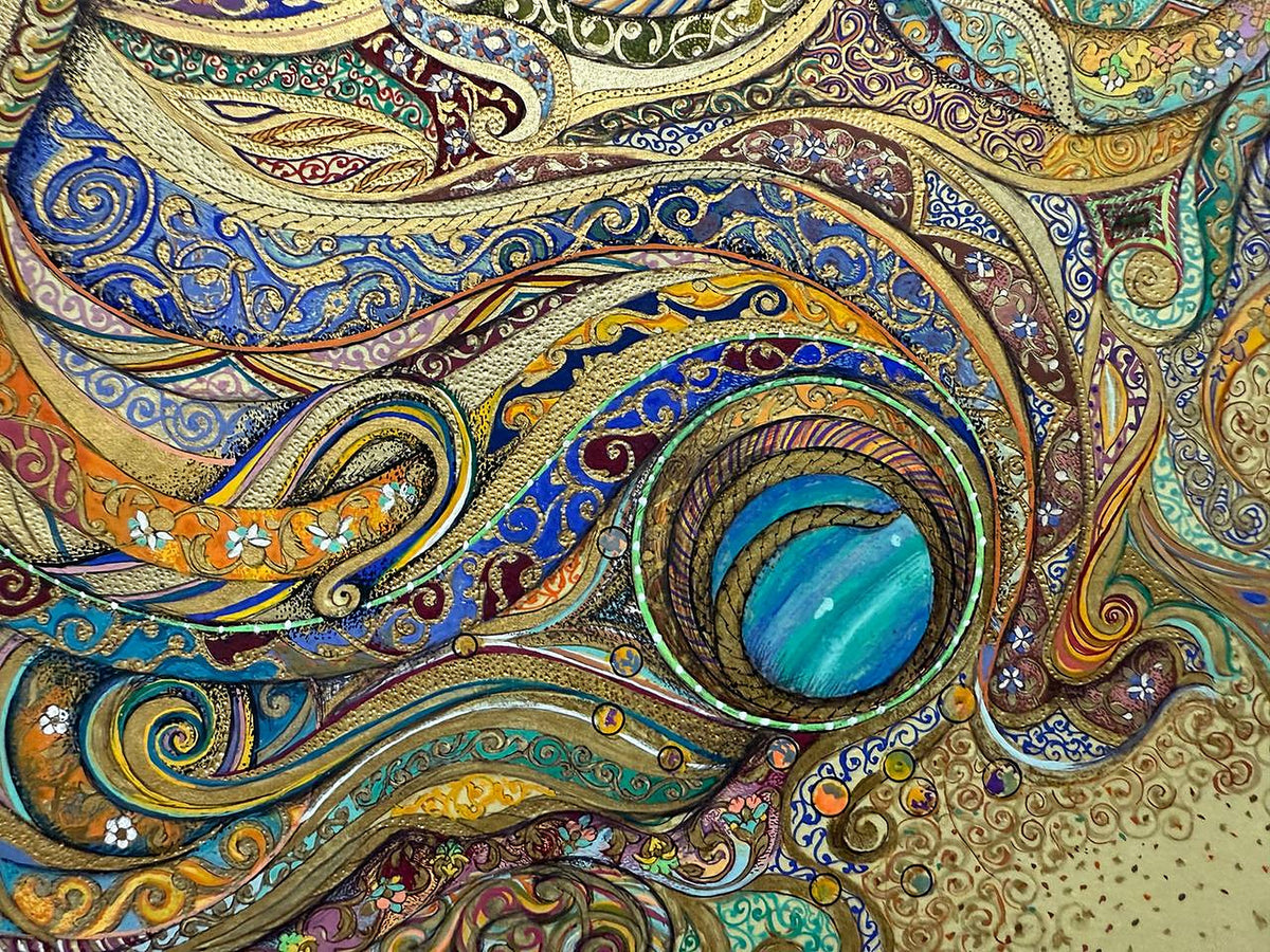 Detail of Celestial Garden by Darya: a turquoise and blue planet set in a braided gold ring edged with green and white dots, beside an orange ribbon painted with white flowers