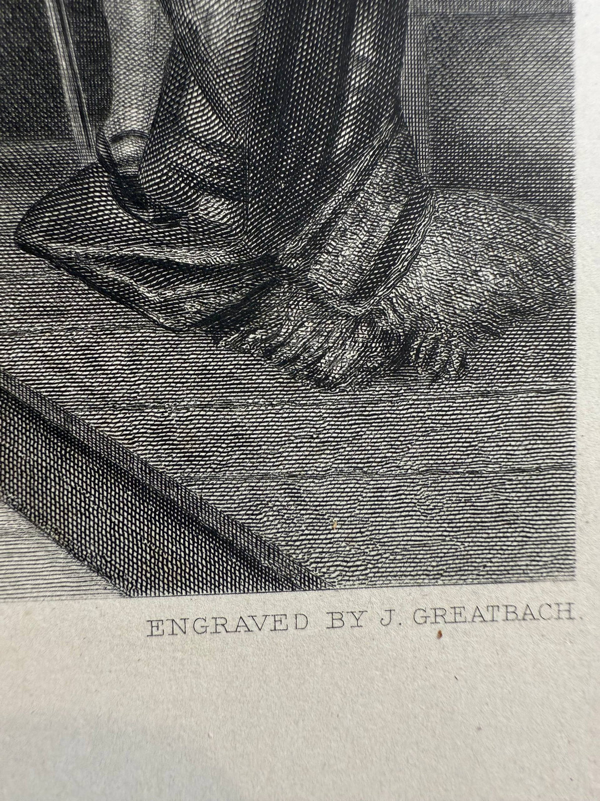Lower right corner of The Guests print: curtain fringe on the tiled step and the printed inscription Engraved by J. Greatbach