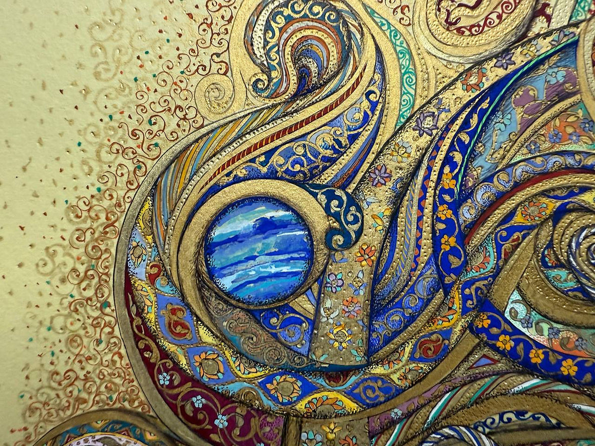 Close-up of Celestial Garden by Darya: a striped cobalt-blue planet cradled in a broad gold crescent, with cobalt bands of tiny orange and violet flowers and gold scrollwork dissolving into the cream ground
