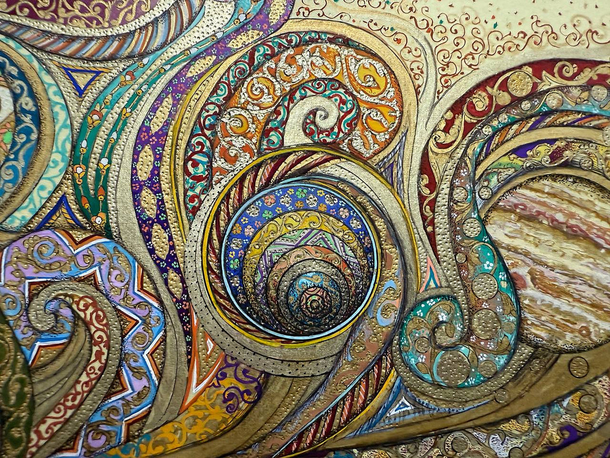Close-up of Celestial Garden by Darya: a concentric medallion of patterned rings in blue, gold and violet, like a view down a tunnel, next to a teal ribbon of gold discs and the edge of a banded planet