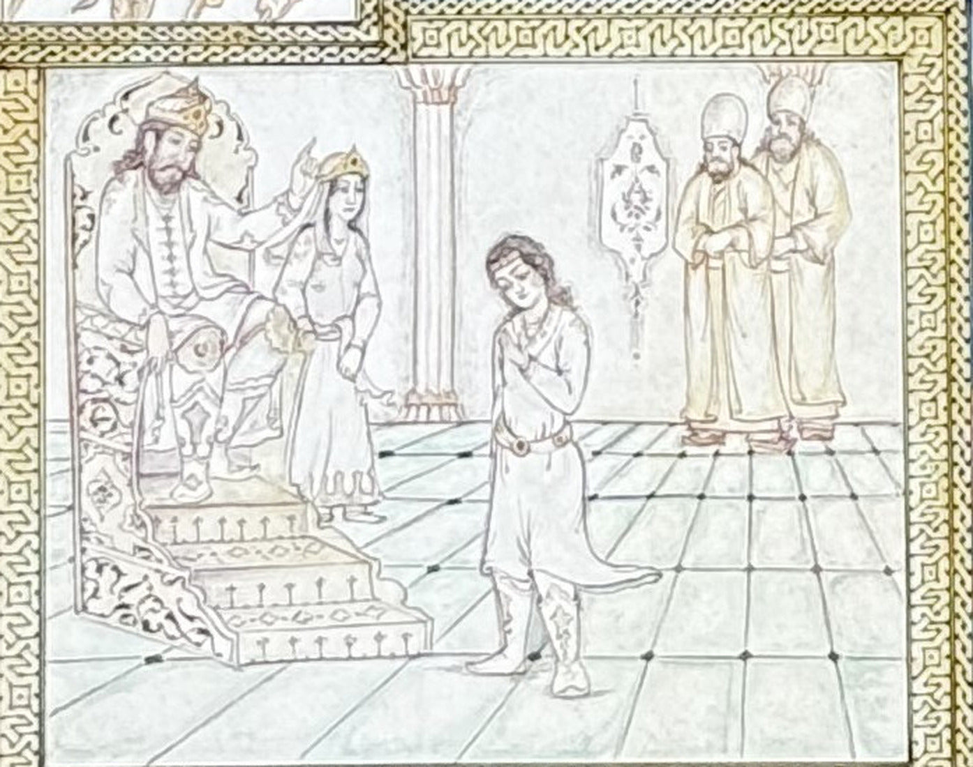 Detail of Siyavash Passing Through the Fire by Kamal al-Din Ghotb - the grisaille siyah-qalam panel of the accusation: Kay Kavus crowned on a stepped throne, Sudabeh standing at his side, two turbaned mobads at the right, and Siyavash alone on the tiled floor with his hands crossed at his chest