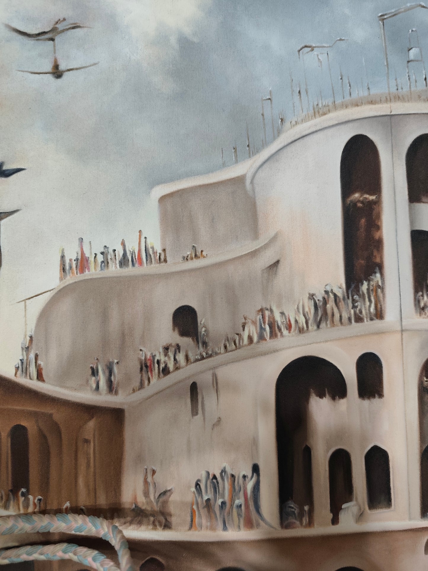 Detail of Why 12? by Melina Ghaemi - birds in flight over the upper terraces, crowds along the curved parapets and thin poles rising from the roofline into a grey sky.