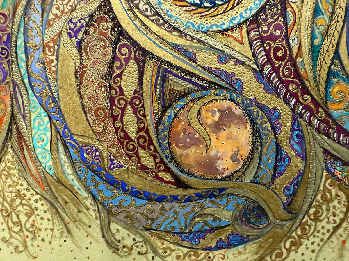 Close-up of Celestial Garden by Darya: a mottled copper and violet planet with a gold S-curve across it, ringed in blue arabesque and framed by burgundy and gold bands with punched gold texture
