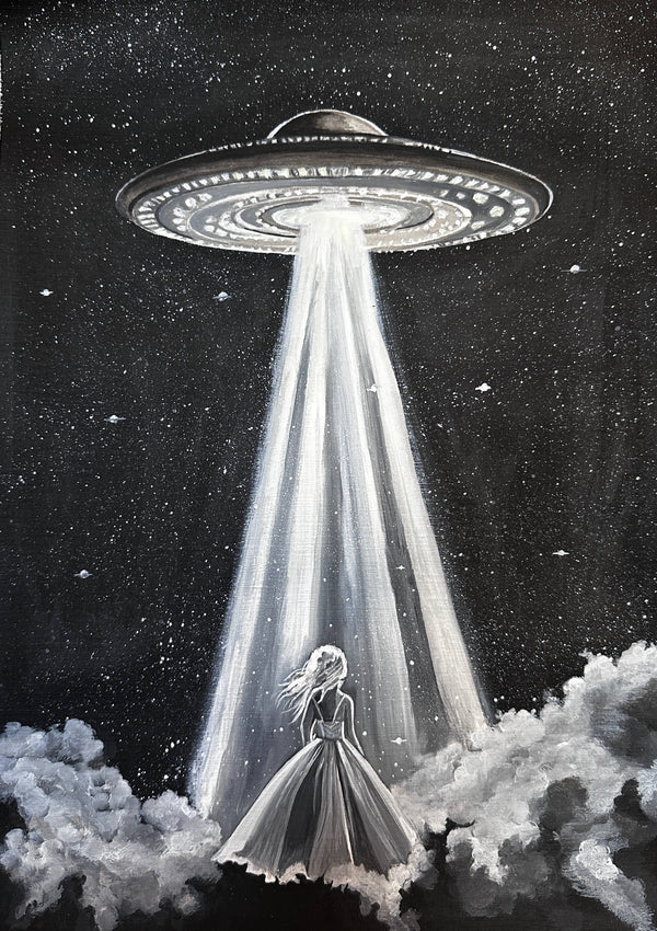 Black and white acrylic painting by Nahira: Woman in gown on clouds under UFO beam.