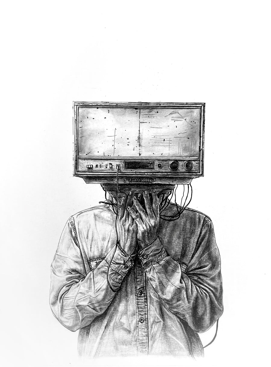 Broadcasting Anxiety: Original Graphite on Artboard by Maria | VanArtHub, an original painting in the Luxury Living Room Art collection