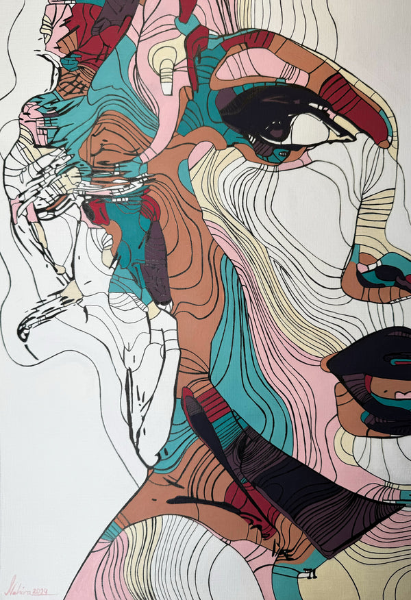 Nahira abstract portrait: woman's face, soft blues, pinks, beiges. Acrylic on paperboard.