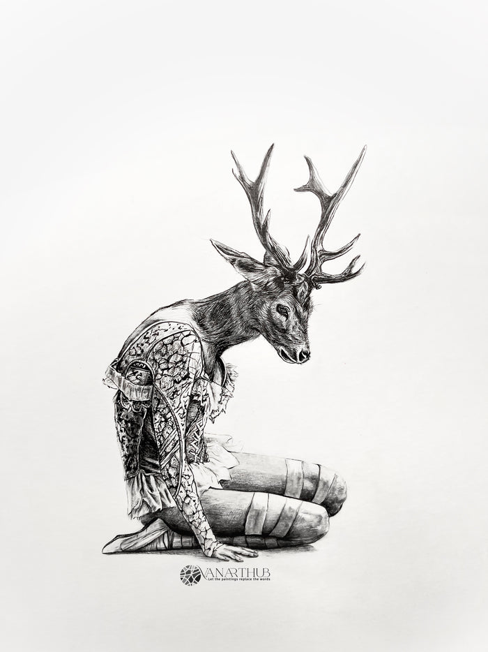 Graphite drawing by Maria. Deer-headed figure with antlers, patterned garment, kneeling, downcast gaze on artboard.