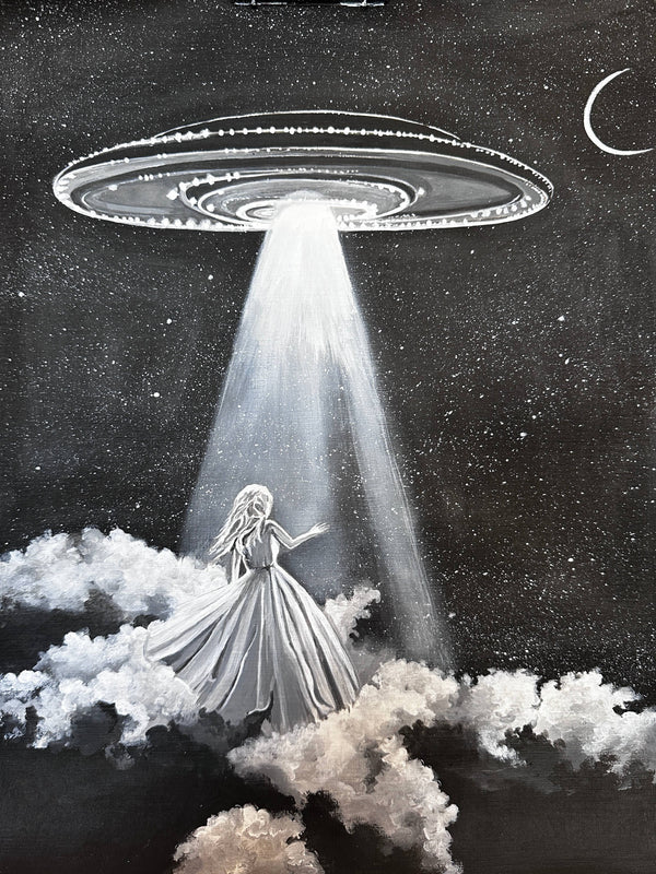 Nahira acrylic painting: Woman in flowing gown on clouds reaches for bright UFO beam in starry night.