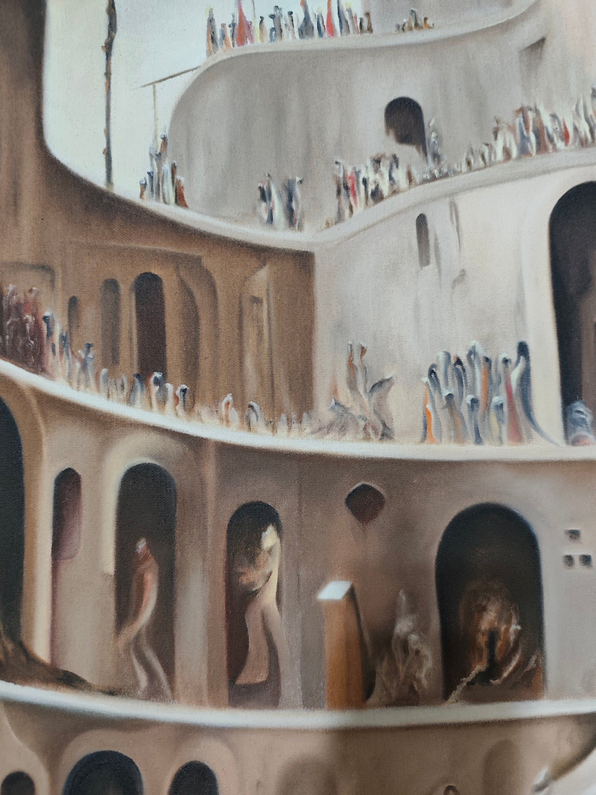 Detail of Why 12? by Melina Ghaemi - crowds of small pale figures lining curved balcony edges, with solitary figures standing inside deep arched niches below.