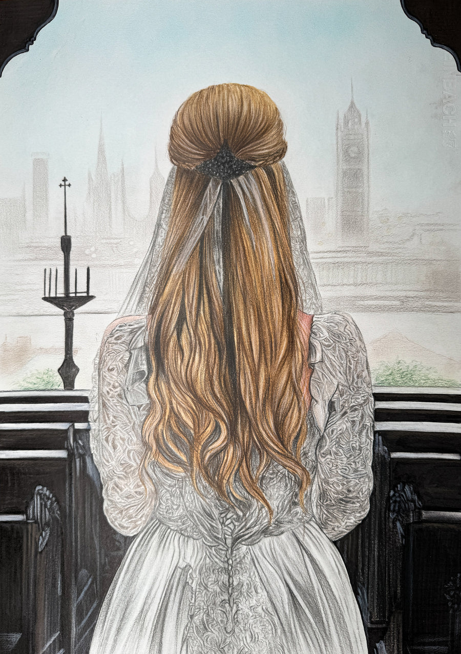 The Silence Before the Bell: Original Colored Pencil on Artboard by Phaedra | VanArtHub, an original painting in the Large Abstract Paintings for Lobby collection