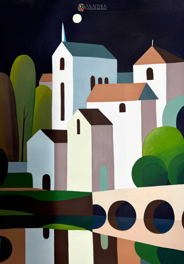 Moonlit village scene, geometric buildings, trees reflecting in water. Acrylic on paperboard by Nahira.