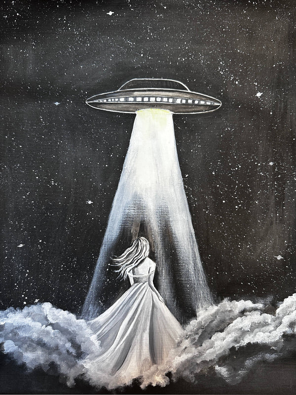 Canada's acrylic on paperboard: Woman in white dress, hair flowing, engulfed by UFO beam in a starry night.