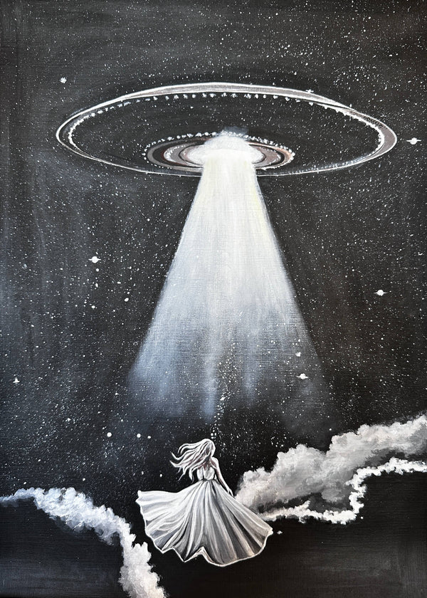 A woman in a white dress floats in a star-filled night sky beneath a UFO's light beam, acrylic on paperboard by Nahira.