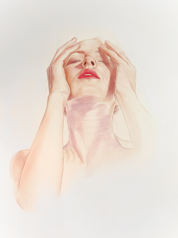 A woman with closed eyes and bright red lips clutches her head in a moment of intense emotion, colored pencils by Phaedra.