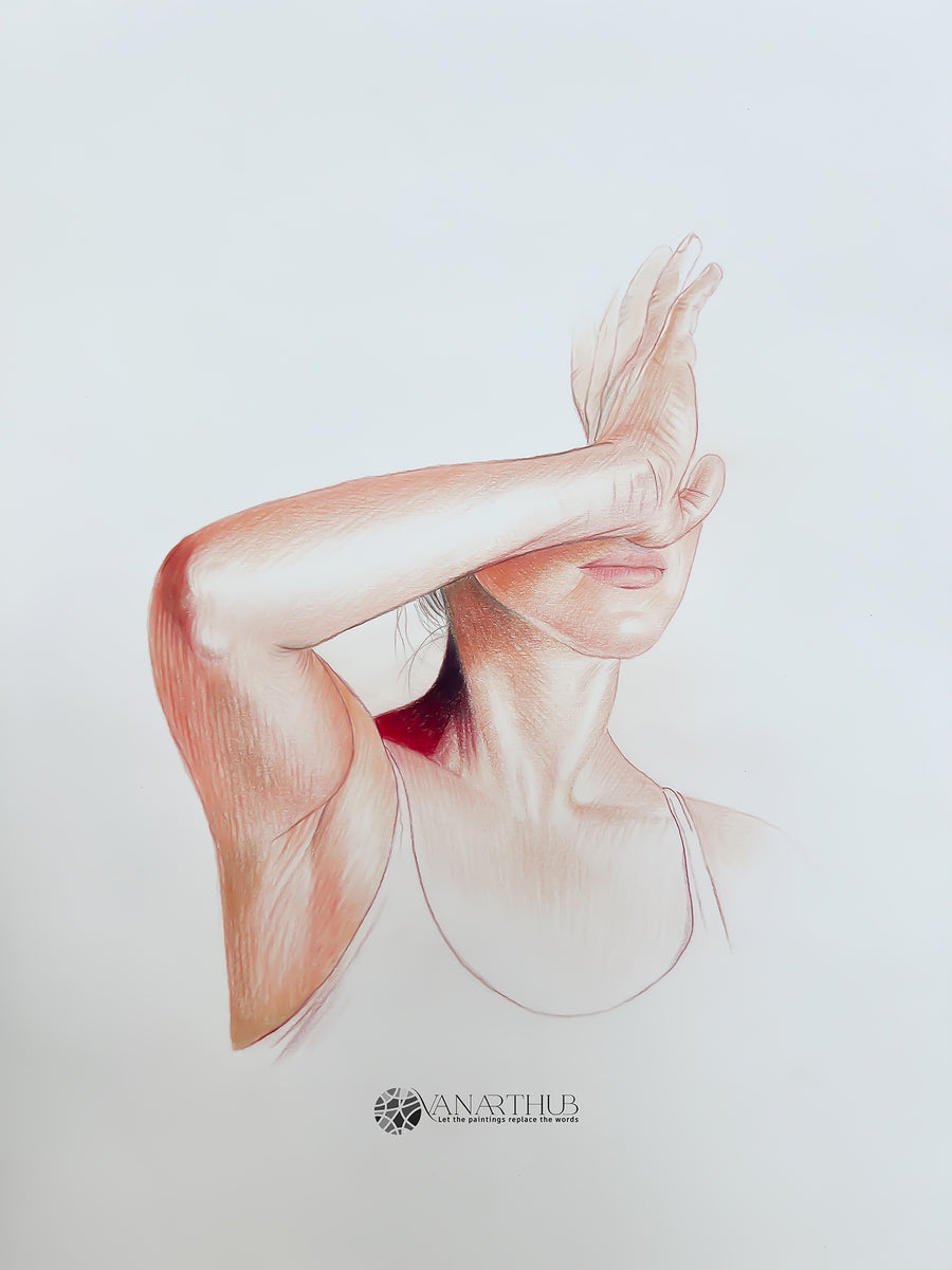 When Light Hurts: Original Colored Pencil on Artboard by Phaedra | VanArtHub, an original painting in the The Feminine Form: Figurative Art Celebrating Womanhood | VanArtHub collection