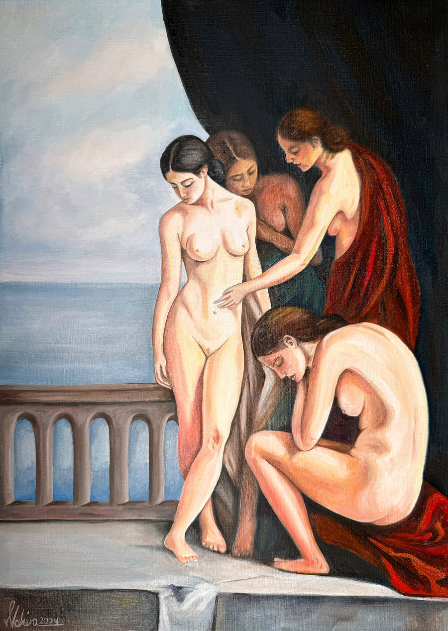 Whispers of Sisterhood: Original Oil on Canvas by Nahira | VanArtHub, an original painting in the Large Statement Paintings collection