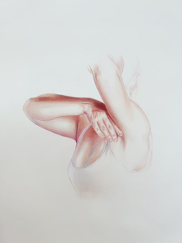 Cropped human torso, hand grasping, colored pencils on artboard by Phaedra.