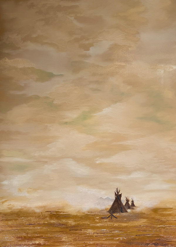 Three dark teepees stand on a textured, ochre-hued desert plain beneath a sky filled with faint, wispy clouds, oil on canvas.