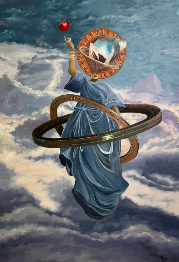 Melina Ghaemi oil on canvas: Blue veiled figure levitates among clouds, encircled by a dark, inscribed ring.