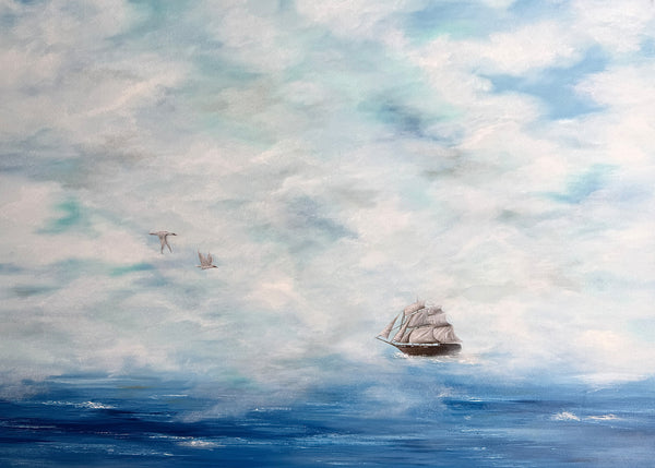 Phaedra oil painting: Sailing ship, billowing sails, white mist, blue waters, two birds.