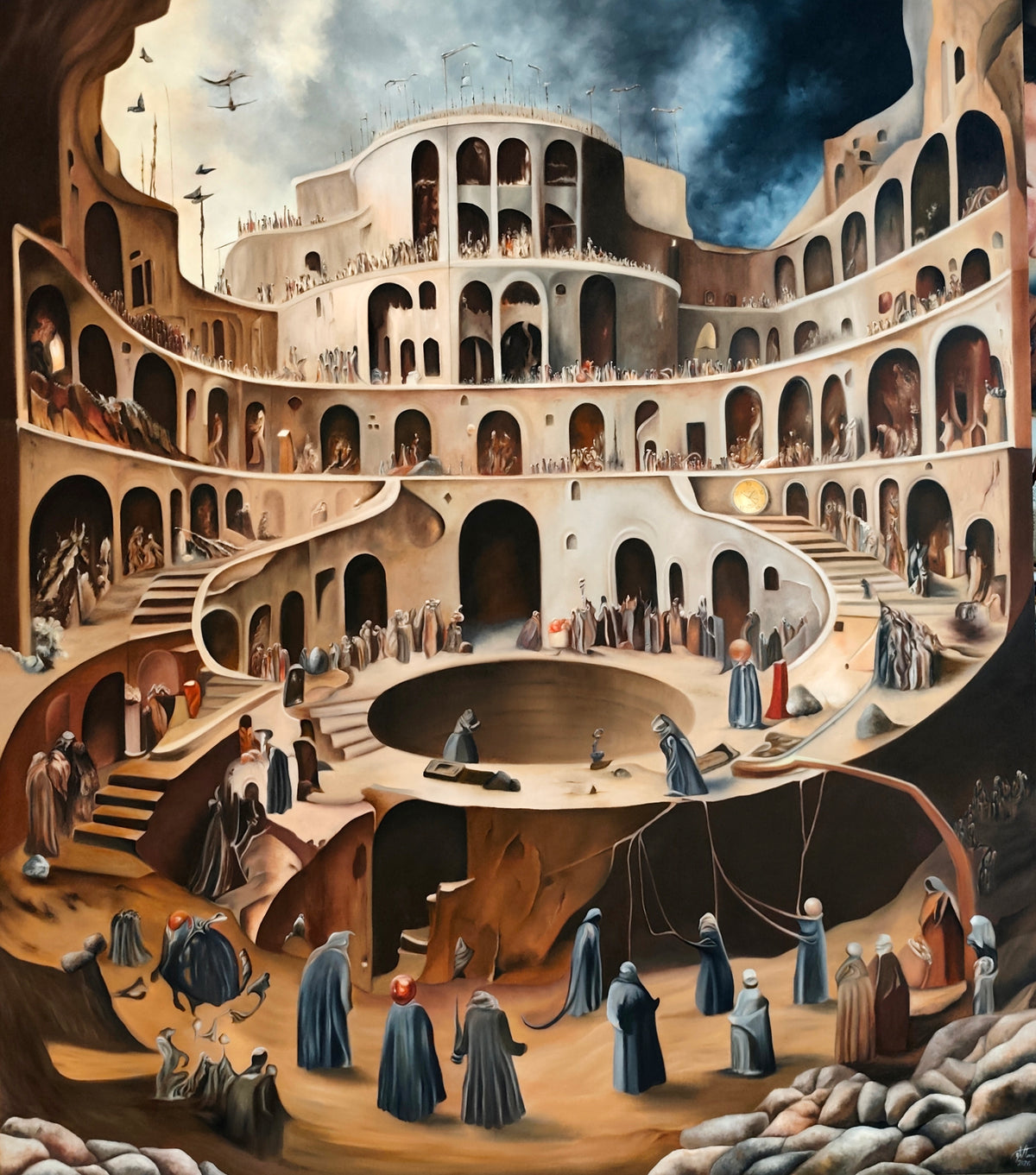 Why 12? by Melina Ghaemi - surreal oil painting of a rock-cut city rising in cream and ochre tiers, hundreds of small cloaked figures on curved balconies, ramps and stairs, a circular pit at the centre and birds against a storm-dark sky.