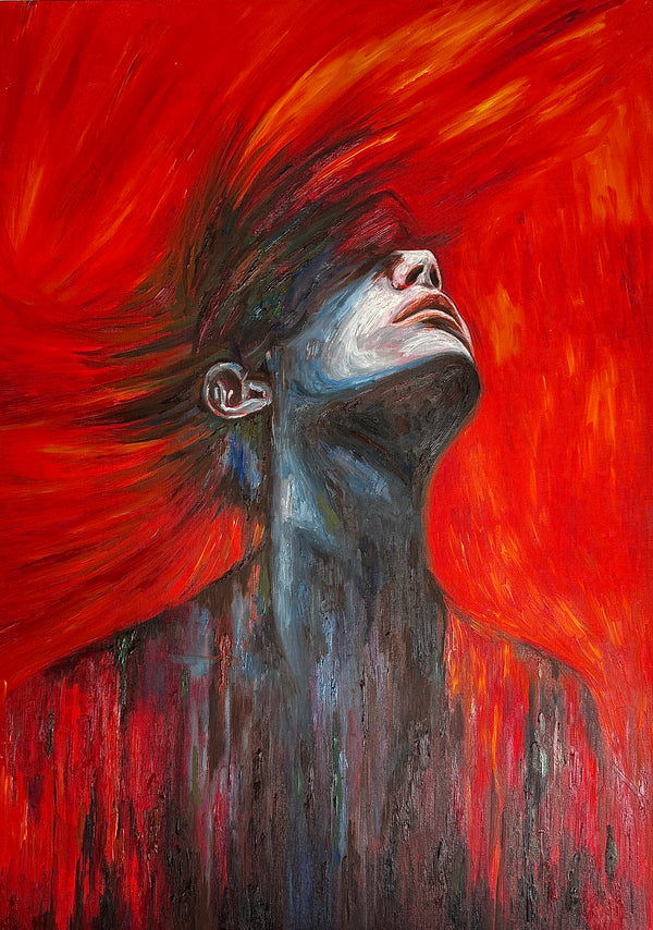 Nahira's oil painting depicts a dynamic portrait with flowing dark hair, white/blue highlights, and a red background.