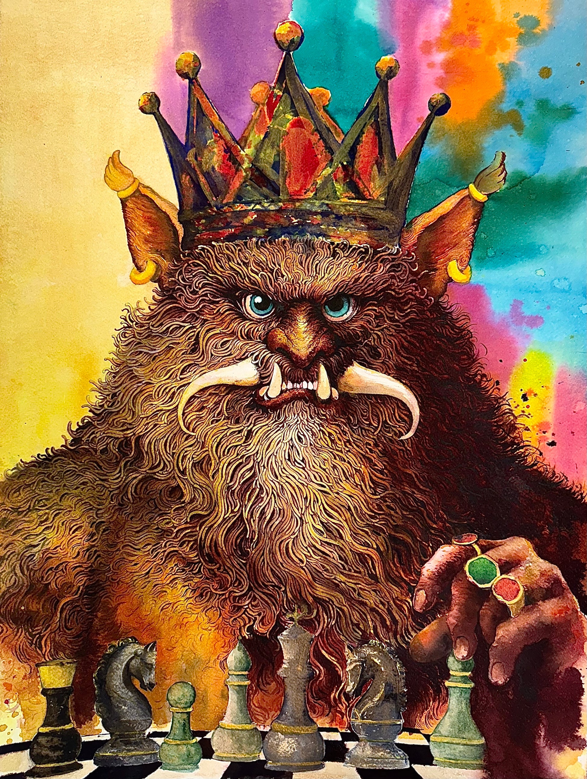 Regal tusked monster, blue eyes, crowned, playing chess with rainbow background. Watercolor & ink by Amir Fazelian.
