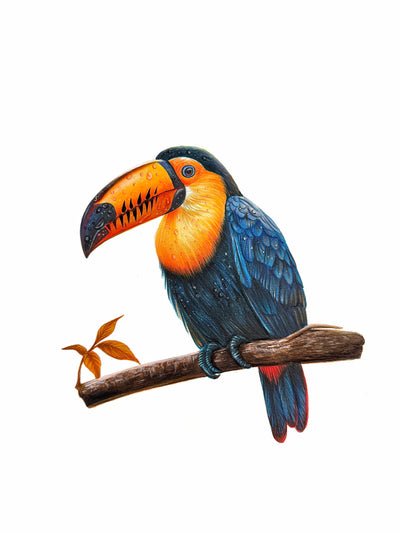 Vibrant toucan on branch, orange chest & beak, blue-black feathers. Colored pencils by Phaedra.