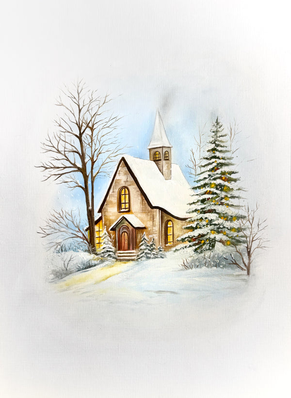 Snowy church with glowing windows & steeple between bare tree & lit Christmas tree. Oil on canvas paper by Phaedra.