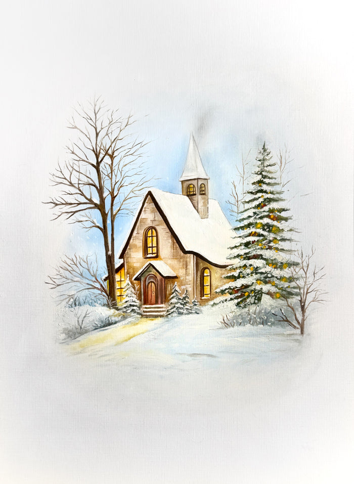 Snowy church with glowing windows & steeple between bare tree & lit Christmas tree. Oil on canvas paper by Phaedra.