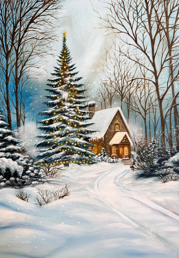 Whimsical winter scene: bright Christmas tree, cozy cabin in snowy forest. Phaedra, oil on canvas paper.