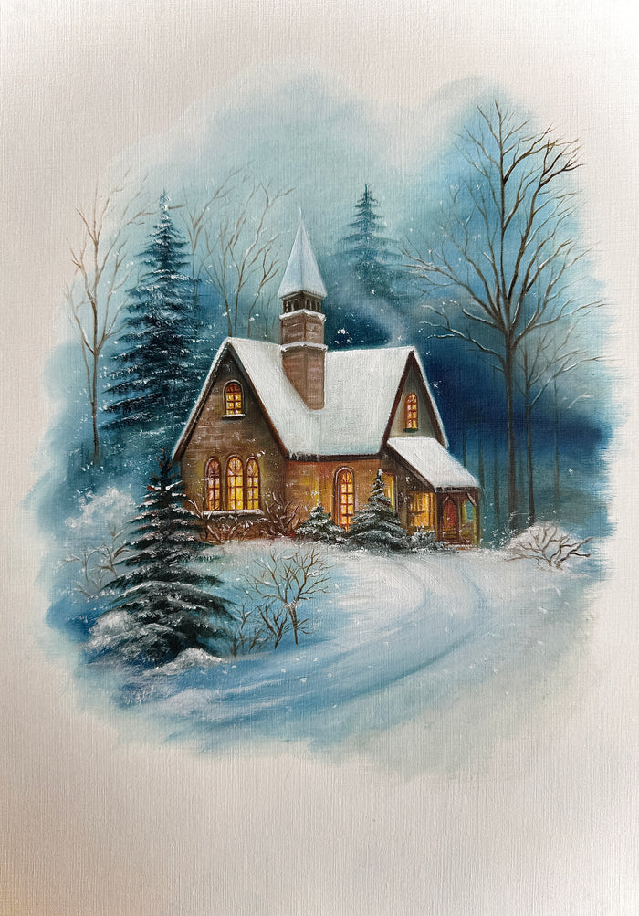 A cozy cabin with glowing windows sits in a snowy forest under a soft blue sky, oil on canvas paper by Canada.