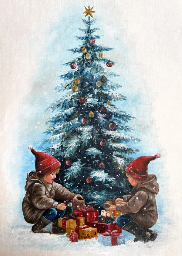 Two children in red caps unwrap presents in a snowy scene beneath a decorated Christmas tree, oil on canvas paper by Phaedra.