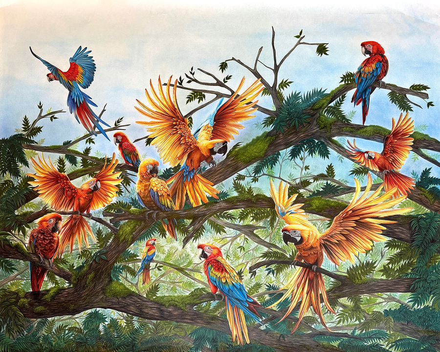 Symphony of the Wild: Original Colored Pencil on Artboard by Phaedra | VanArtHub, an original painting in the Nature Paintings: Wildlife, Botanical & Landscape Art | VanArtHub collection