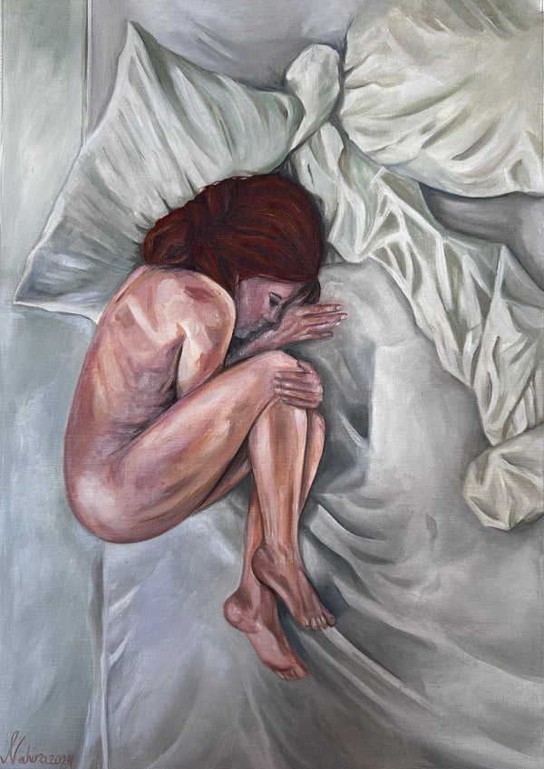Redhead nude on white bed, peaceful solitude. Oil on canvas paper by Nahira.