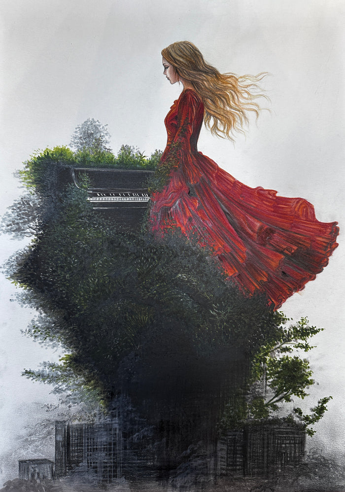 Phaedra's artwork: Woman in red gown behind a piano, engulfed by dark green foliage. Colored pencils on artboard.