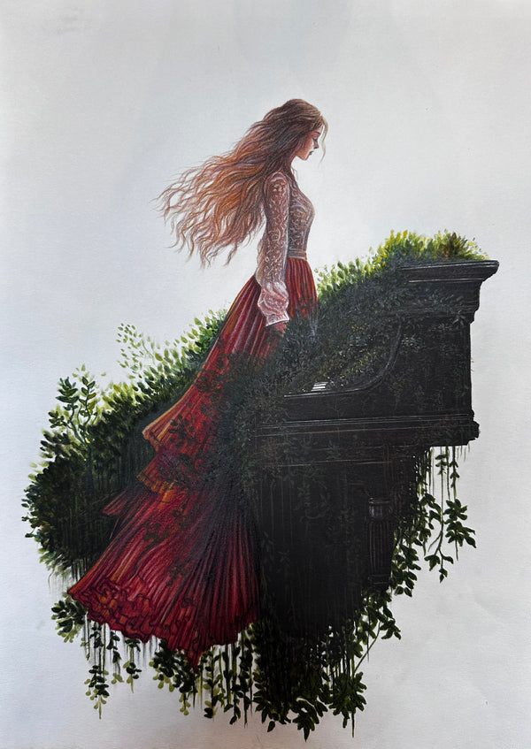 Phaedra's colored pencil portrait: Woman in red dress, hair flowing, emerging from piano engulfed in green foliage.