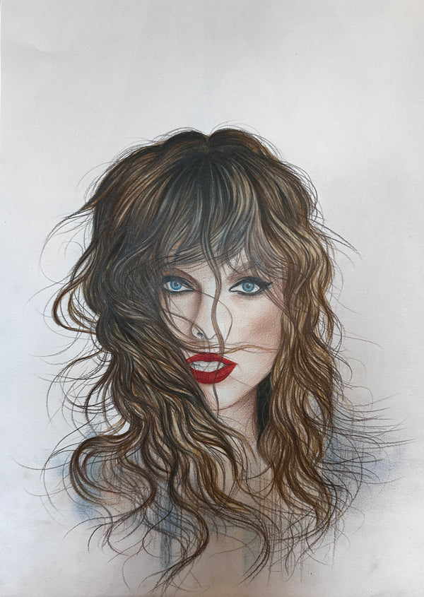 Phaedra's colored pencil portrait: Woman with disheveled brown hair, blue eyes, red lips on artboard.