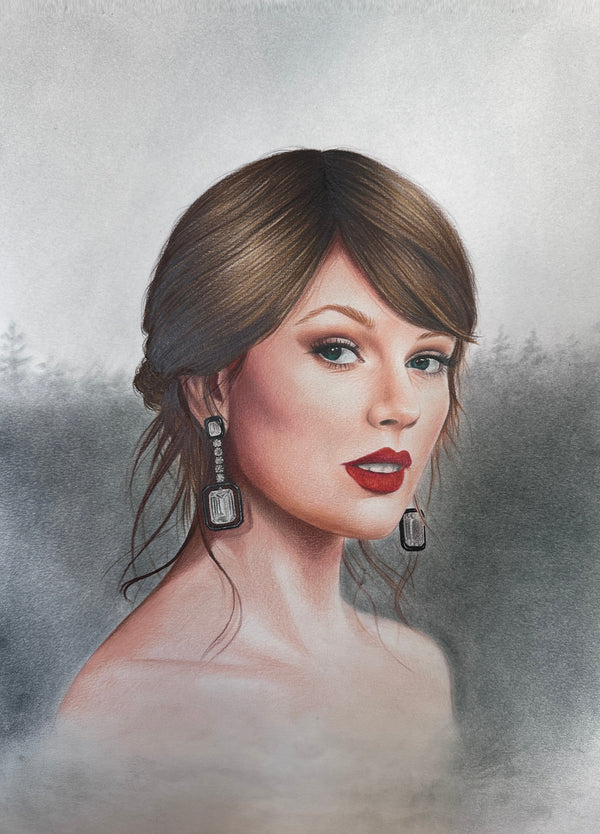 A striking portrait of a woman with emerald eyes, bold red lips, and dark, sparkling earrings, in colored pencil by Phaedra.