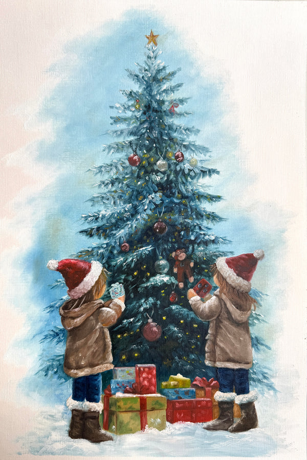 Kids in Santa hats decorate a snowy Christmas tree. Oil on canvas paper by Phaedra.
